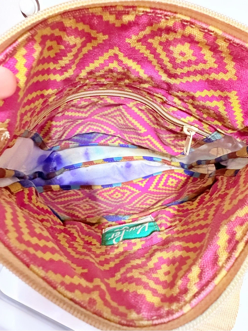 Fossil Blue Elephant Print Crossbody Bag with Pink Pattern Trim